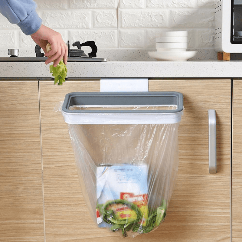 Portable plastic kitchen garbage bag holder with lid, no power needed, square shape, hangs on cabinet door.