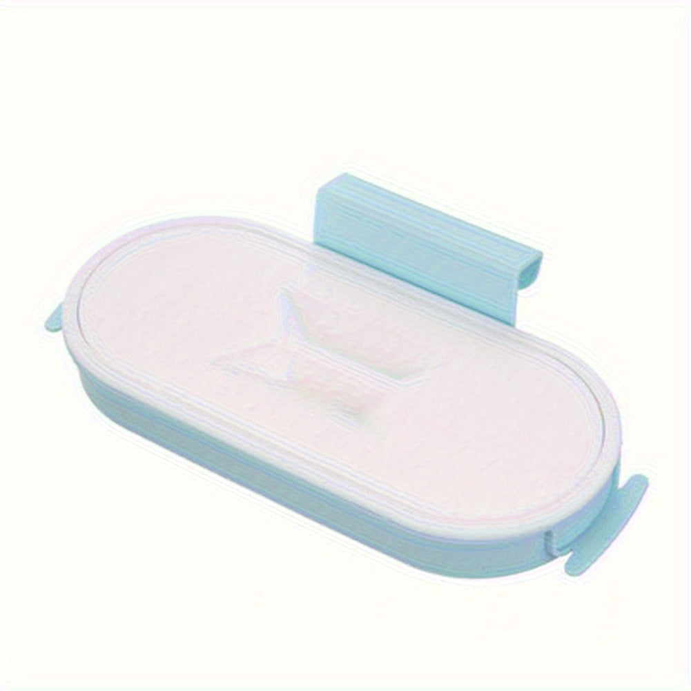 Portable plastic kitchen garbage bag holder with lid, no power needed, square shape, hangs on cabinet door.