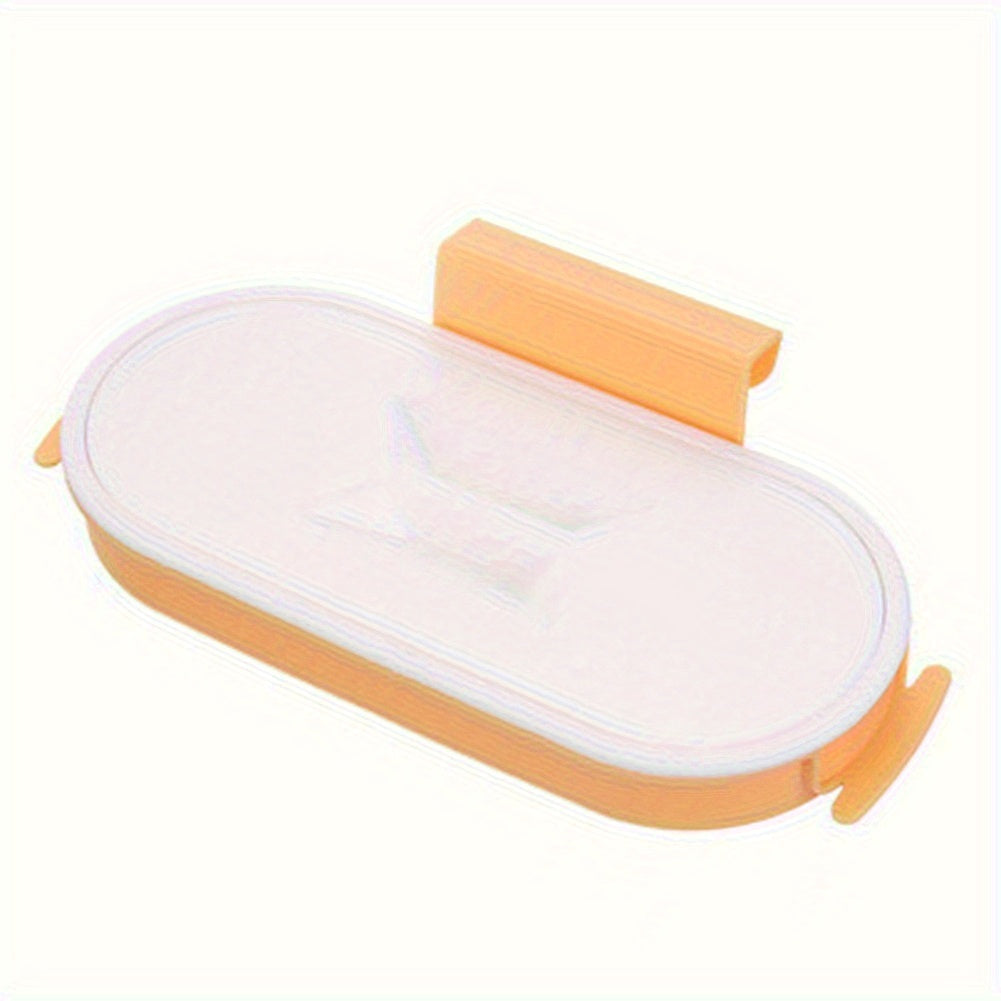 Portable plastic kitchen garbage bag holder with lid, no power needed, square shape, hangs on cabinet door.