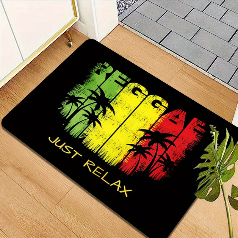 Polyester Area Rug with Reggae Theme - TOMPOP 1 piece Flannel Rug with 1cm Foam Sponge, Non-Slip and Washable Mat for Entryway, Bedroom, Porch - Featuring Tropical Palm Graphic and "Just Relax" Music Motif, Perfect for Home Decor Carpet.