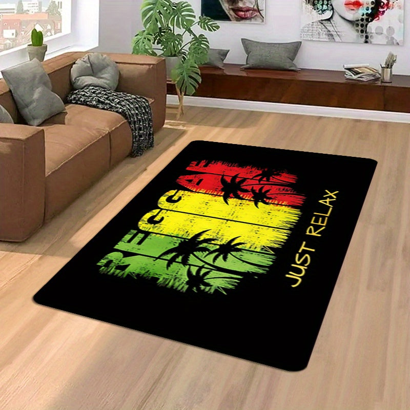 Polyester Area Rug with Reggae Theme - TOMPOP 1 piece Flannel Rug with 1cm Foam Sponge, Non-Slip and Washable Mat for Entryway, Bedroom, Porch - Featuring Tropical Palm Graphic and "Just Relax" Music Motif, Perfect for Home Decor Carpet.