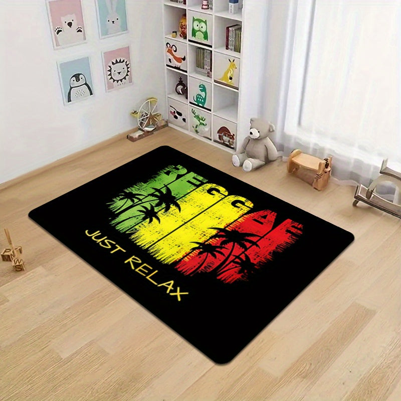 Polyester Area Rug with Reggae Theme - TOMPOP 1 piece Flannel Rug with 1cm Foam Sponge, Non-Slip and Washable Mat for Entryway, Bedroom, Porch - Featuring Tropical Palm Graphic and "Just Relax" Music Motif, Perfect for Home Decor Carpet.