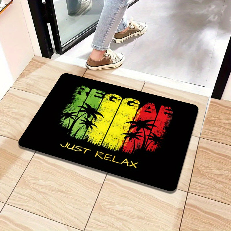 Polyester Area Rug with Reggae Theme - TOMPOP 1 piece Flannel Rug with 1cm Foam Sponge, Non-Slip and Washable Mat for Entryway, Bedroom, Porch - Featuring Tropical Palm Graphic and "Just Relax" Music Motif, Perfect for Home Decor Carpet.