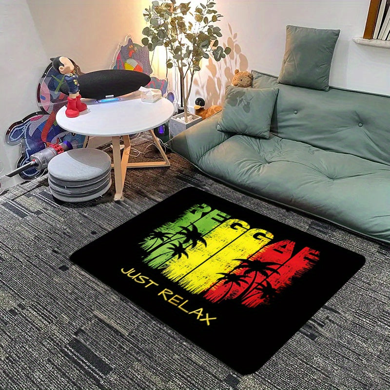 Polyester Area Rug with Reggae Theme - TOMPOP 1 piece Flannel Rug with 1cm Foam Sponge, Non-Slip and Washable Mat for Entryway, Bedroom, Porch - Featuring Tropical Palm Graphic and "Just Relax" Music Motif, Perfect for Home Decor Carpet.