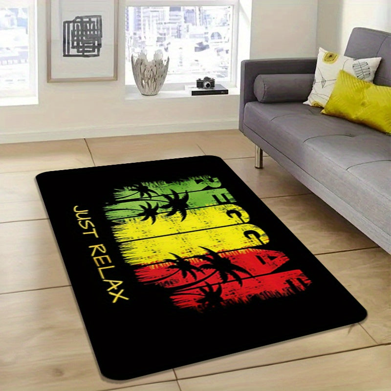 Polyester Area Rug with Reggae Theme - TOMPOP 1 piece Flannel Rug with 1cm Foam Sponge, Non-Slip and Washable Mat for Entryway, Bedroom, Porch - Featuring Tropical Palm Graphic and "Just Relax" Music Motif, Perfect for Home Decor Carpet.