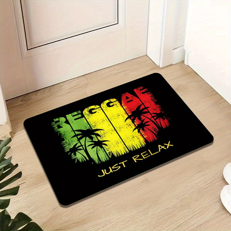 Polyester Area Rug with Reggae Theme - TOMPOP 1 piece Flannel Rug with 1cm Foam Sponge, Non-Slip and Washable Mat for Entryway, Bedroom, Porch - Featuring Tropical Palm Graphic and "Just Relax" Music Motif, Perfect for Home Decor Carpet.