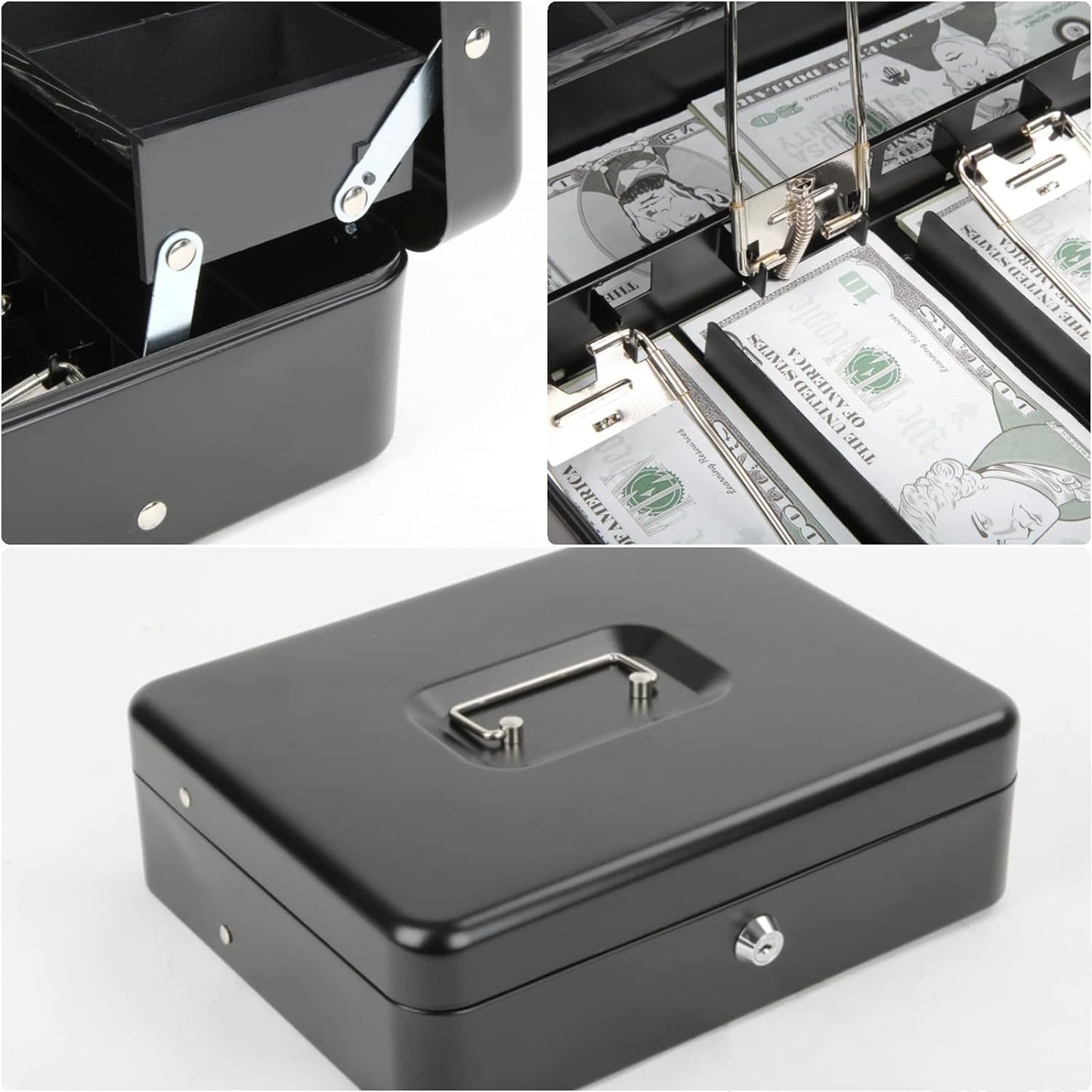 Sturdy Iron Cash Box with Money Tray, Lock, and Coin/Bill Slots - Portable Security Storage Safe