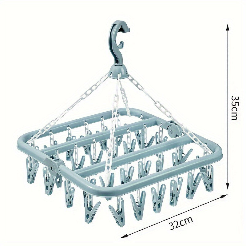 Multipurpose Plastic Laundry Hanging Rack with 32 Clips - Efficiently Dry Socks & Underwear with Swivel Hook, Organize Home & Dorm Room with Space-Saving Design.