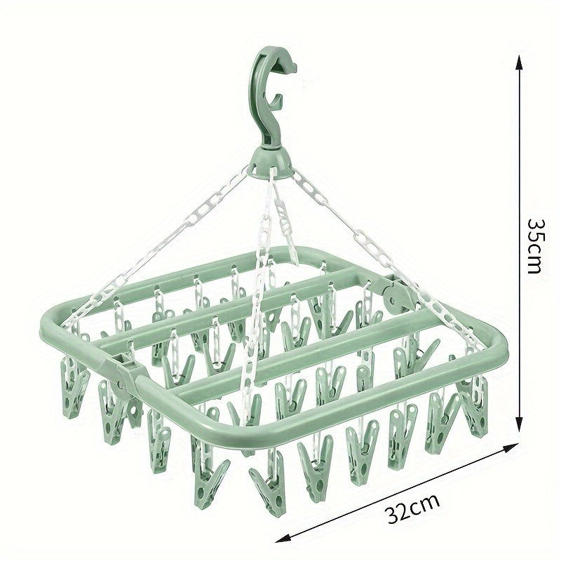 Multipurpose Plastic Laundry Hanging Rack with 32 Clips - Efficiently Dry Socks & Underwear with Swivel Hook, Organize Home & Dorm Room with Space-Saving Design.