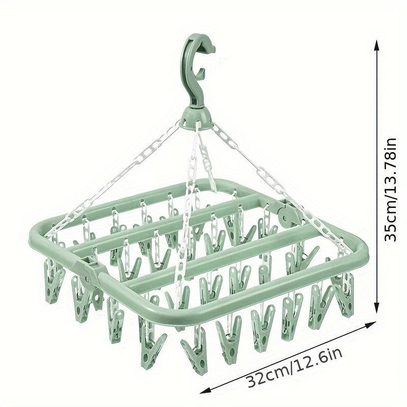 Multipurpose Plastic Laundry Hanging Rack with 32 Clips - Efficiently Dry Socks & Underwear with Swivel Hook, Organize Home & Dorm Room with Space-Saving Design.