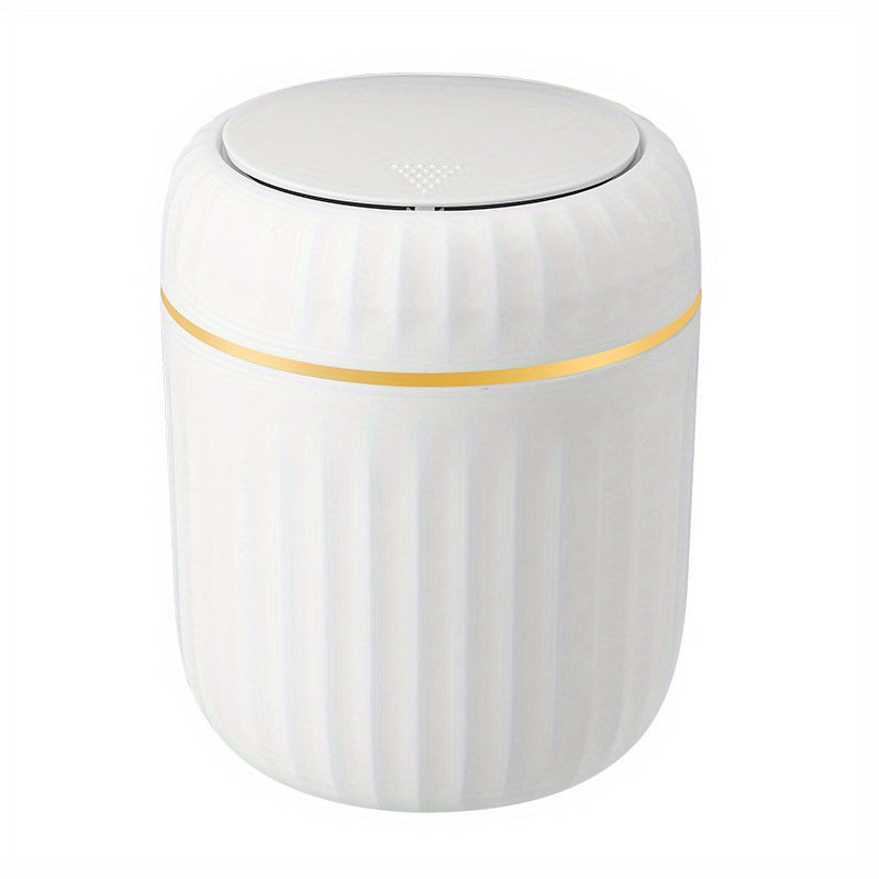 Press-top desktop trash can with durable PP plastic, Roman stripe design and lid for office, living room, and study area. Creative recycling bin.