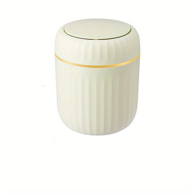 Press-top desktop trash can with durable PP plastic, Roman stripe design and lid for office, living room, and study area. Creative recycling bin.