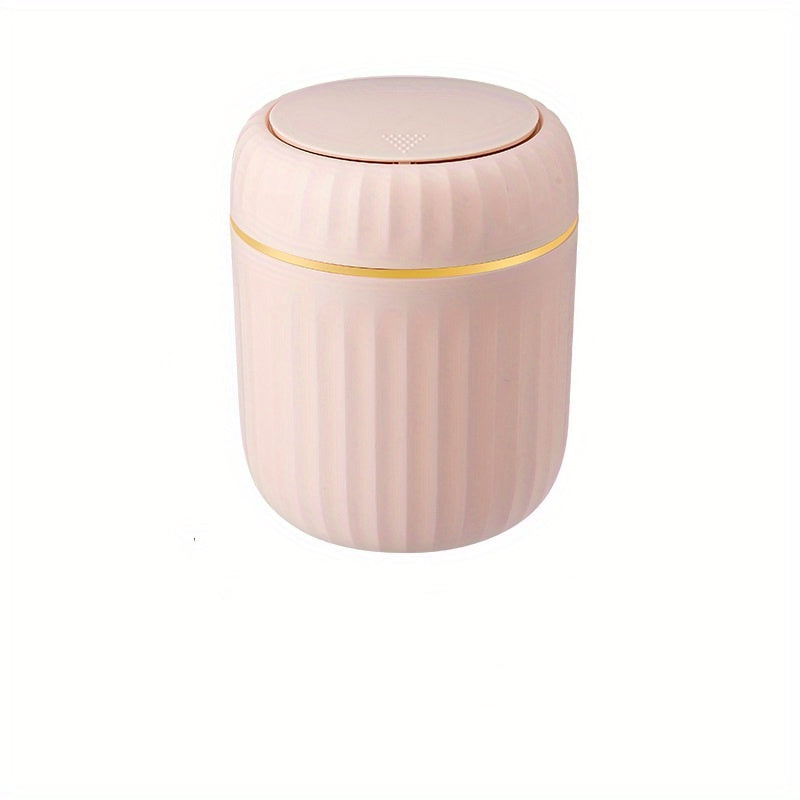 Press-top desktop trash can with durable PP plastic, Roman stripe design and lid for office, living room, and study area. Creative recycling bin.