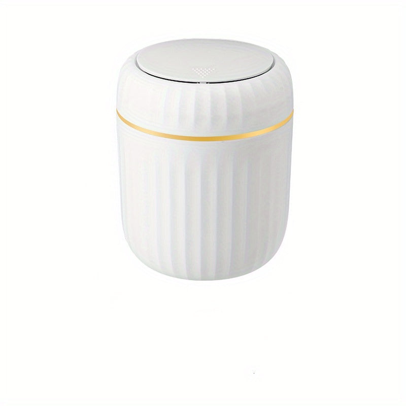 Press-top desktop trash can with durable PP plastic, Roman stripe design and lid for office, living room, and study area. Creative recycling bin.