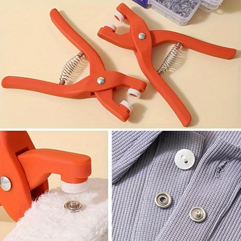 Snap button kit with hand press pliers (50 pcs) in orange, perfect for DIY crafts, clothing, hats, bags, and sewing essentials.