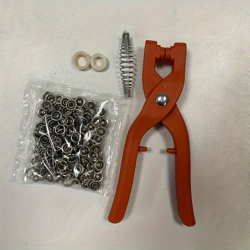 Snap button kit with hand press pliers (50 pcs) in orange, perfect for DIY crafts, clothing, hats, bags, and sewing essentials.