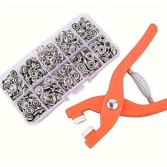 Snap button kit with hand press pliers (50 pcs) in orange, perfect for DIY crafts, clothing, hats, bags, and sewing essentials.