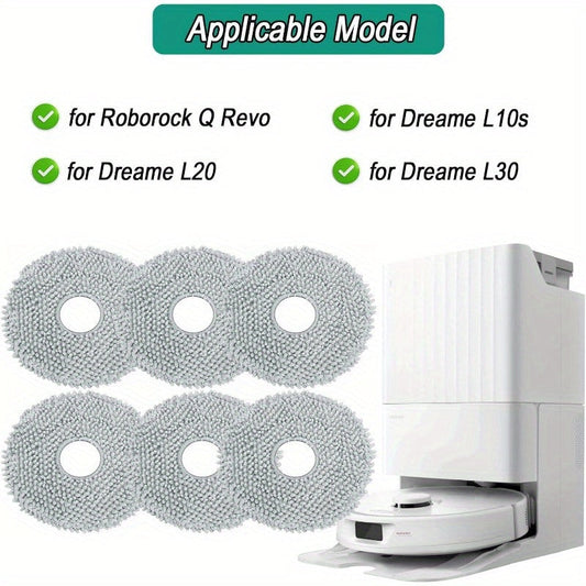 This listing is for a set of 6 washable and reusable microfiber mop pads designed to fit Roborock Q Revo, Dreame L10s, L20, and L30 robot vacuum cleaners. These replacement accessories are perfect for keeping your floors clean and free of dust and debris.