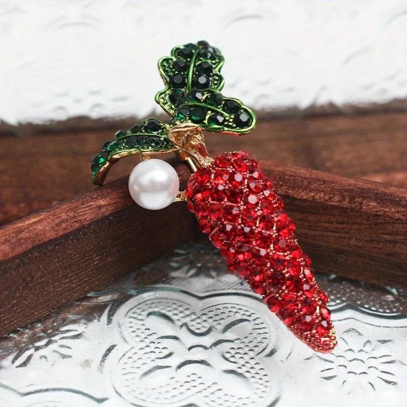 Stylish Crystal Carrot & Faux Pearl Brooch - Adorable Rhinestone Accessory in the Shape of a Plant, Perfect for Women's Clothing