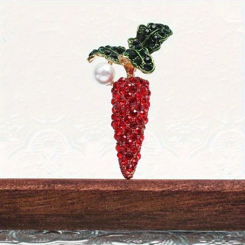 Stylish Crystal Carrot & Faux Pearl Brooch - Adorable Rhinestone Accessory in the Shape of a Plant, Perfect for Women's Clothing