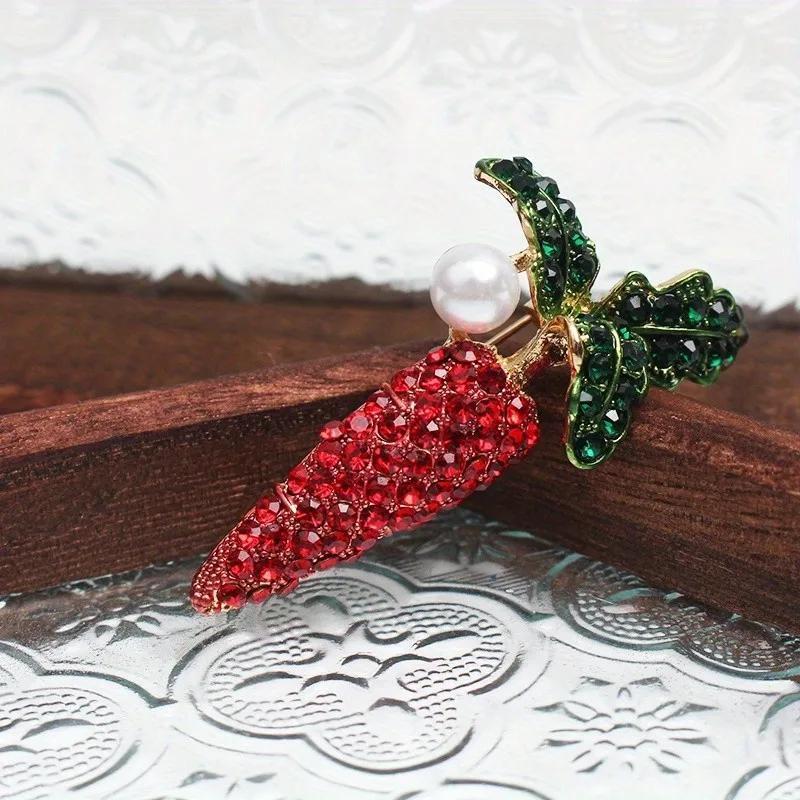 Stylish Crystal Carrot & Faux Pearl Brooch - Adorable Rhinestone Accessory in the Shape of a Plant, Perfect for Women's Clothing