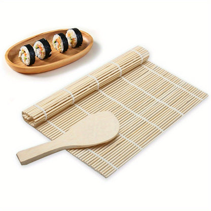 Bamboo Sushi Making Kit: includes rolling mat and rice paddle, safe for food, perfect for home sushi preparation.