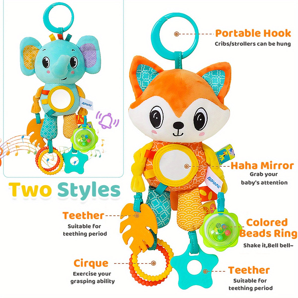 Youngsters crib hanging rattle toys featuring cartoon animal spiral hanging toy with ringing bell. Suitable for youngsters bed, stroller, car seat, and both boys and girls.