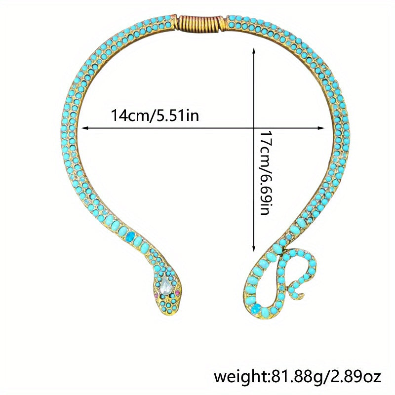 Стильное металлическое ожерелье с бирюзовой инкрустацией и цепочкой на ключицу, элегантный дизайн змеи, изготовлено из цинкового сплава - идеально подходит для повседневных нарядов в стиле французского/бохо.
