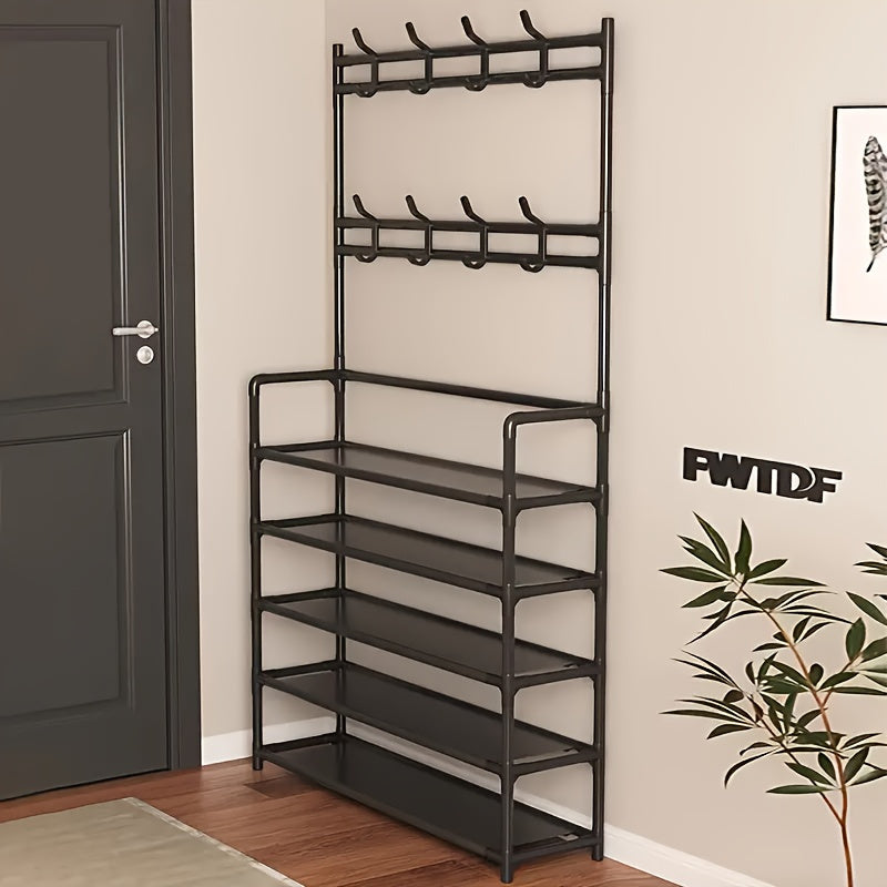 Metal Shoe Rack and Coat Hanger - Easy Assembly, Wall-Mounted Storage Organizer for Home, Dorm, Living Room, Entryway, Bathroom. Available in Black or White. Can be self-assembled or freestanding, with no power required. Capacity less than 3.2 cubic