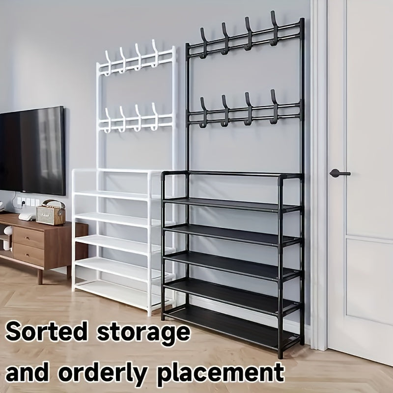 Metal Shoe Rack and Coat Hanger - Easy Assembly, Wall-Mounted Storage Organizer for Home, Dorm, Living Room, Entryway, Bathroom. Available in Black or White. Can be self-assembled or freestanding, with no power required. Capacity less than 3.2 cubic