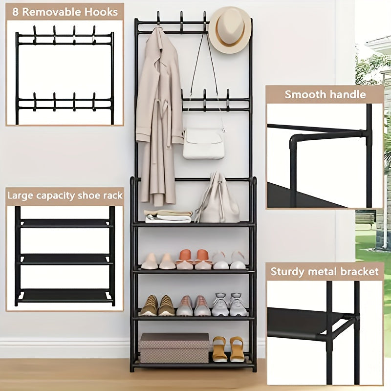 Metal Shoe Rack and Coat Hanger - Easy Assembly, Wall-Mounted Storage Organizer for Home, Dorm, Living Room, Entryway, Bathroom. Available in Black or White. Can be self-assembled or freestanding, with no power required. Capacity less than 3.2 cubic