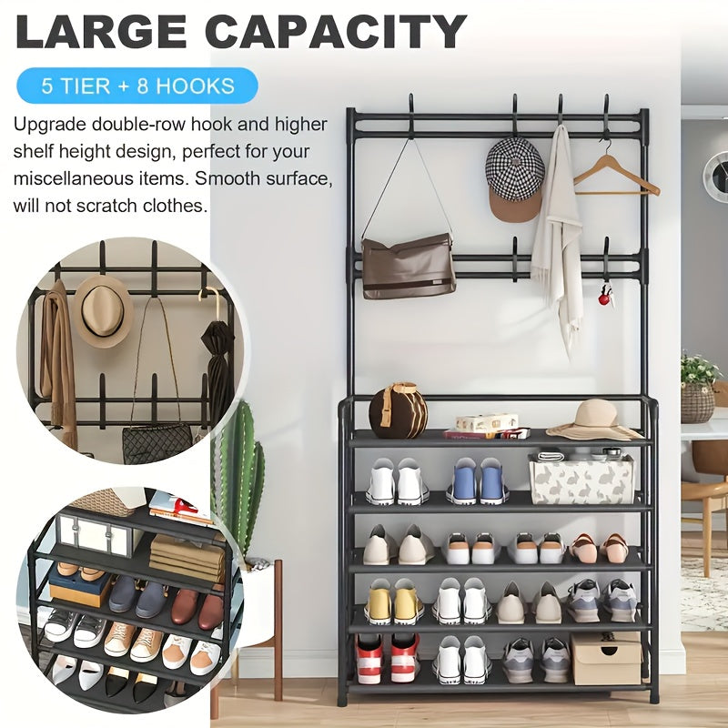 Metal Shoe Rack and Coat Hanger - Easy Assembly, Wall-Mounted Storage Organizer for Home, Dorm, Living Room, Entryway, Bathroom. Available in Black or White. Can be self-assembled or freestanding, with no power required. Capacity less than 3.2 cubic