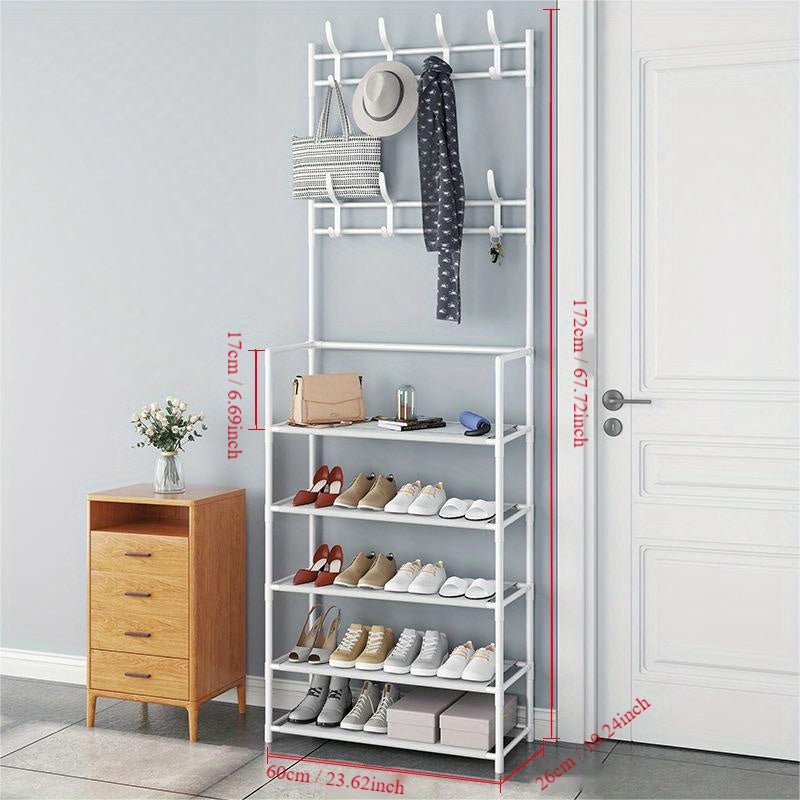 Metal Shoe Rack and Coat Hanger - Easy Assembly, Wall-Mounted Storage Organizer for Home, Dorm, Living Room, Entryway, Bathroom. Available in Black or White. Can be self-assembled or freestanding, with no power required. Capacity less than 3.2 cubic