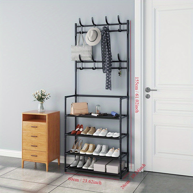 Metal Shoe Rack and Coat Hanger - Easy Assembly, Wall-Mounted Storage Organizer for Home, Dorm, Living Room, Entryway, Bathroom. Available in Black or White. Can be self-assembled or freestanding, with no power required. Capacity less than 3.2 cubic