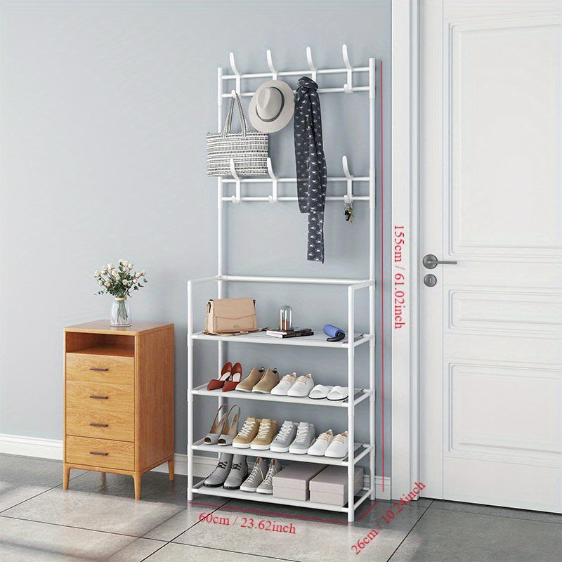 Metal Shoe Rack and Coat Hanger - Easy Assembly, Wall-Mounted Storage Organizer for Home, Dorm, Living Room, Entryway, Bathroom. Available in Black or White. Can be self-assembled or freestanding, with no power required. Capacity less than 3.2 cubic