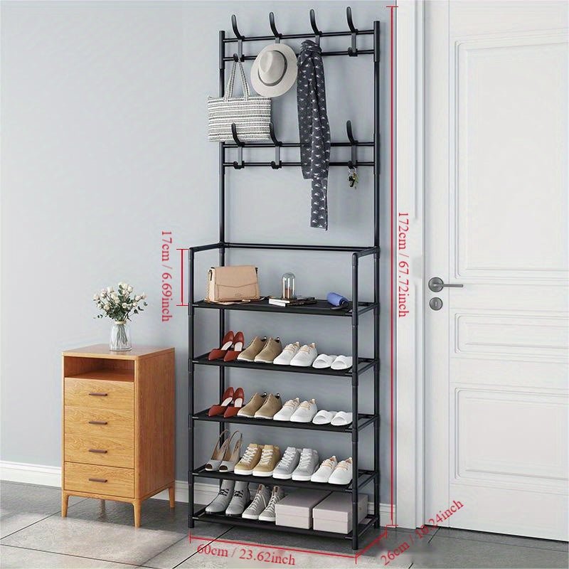 Metal Shoe Rack and Coat Hanger - Easy Assembly, Wall-Mounted Storage Organizer for Home, Dorm, Living Room, Entryway, Bathroom. Available in Black or White. Can be self-assembled or freestanding, with no power required. Capacity less than 3.2 cubic