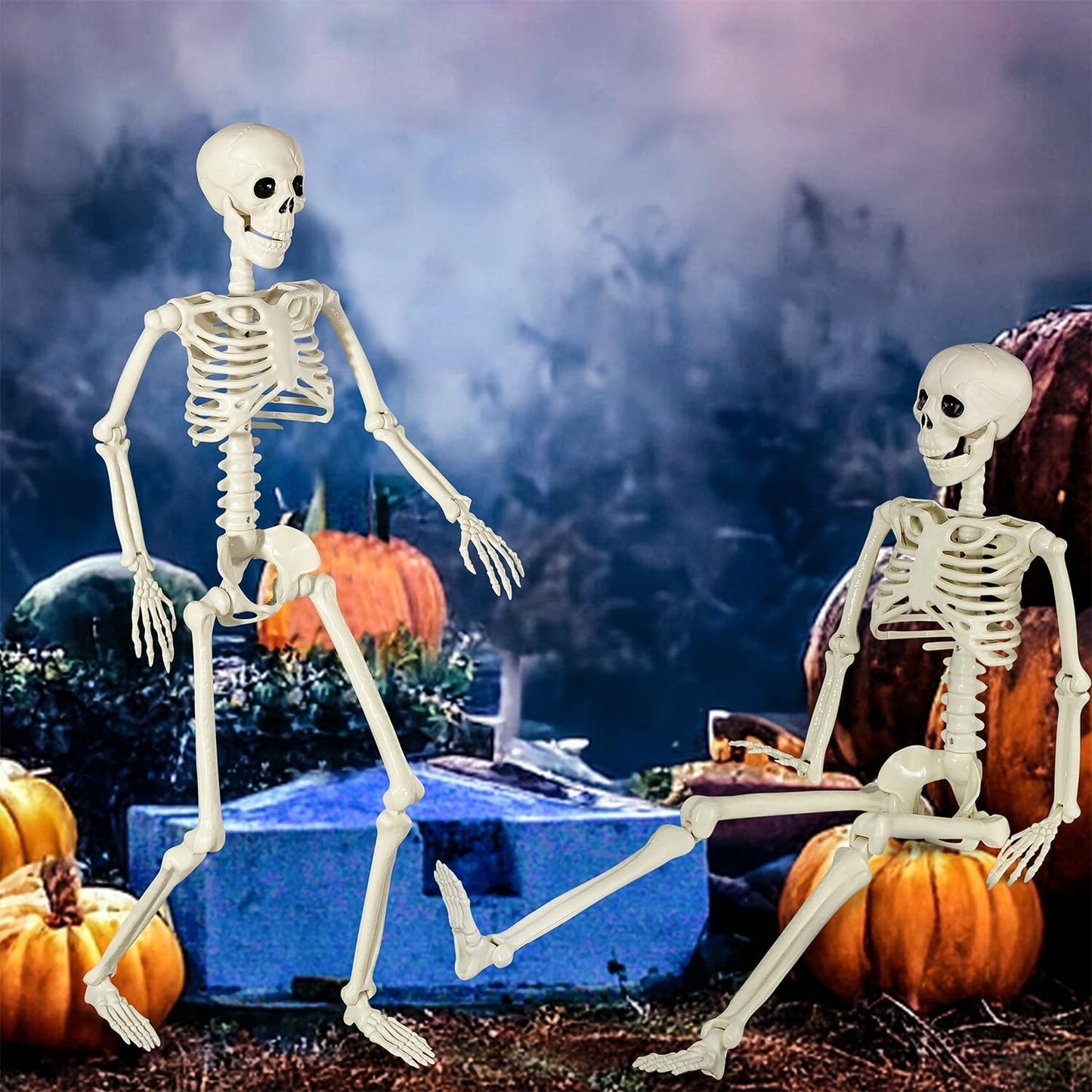 2 Halloween skeleton decorations with posable joints for creepy outdoor decor.