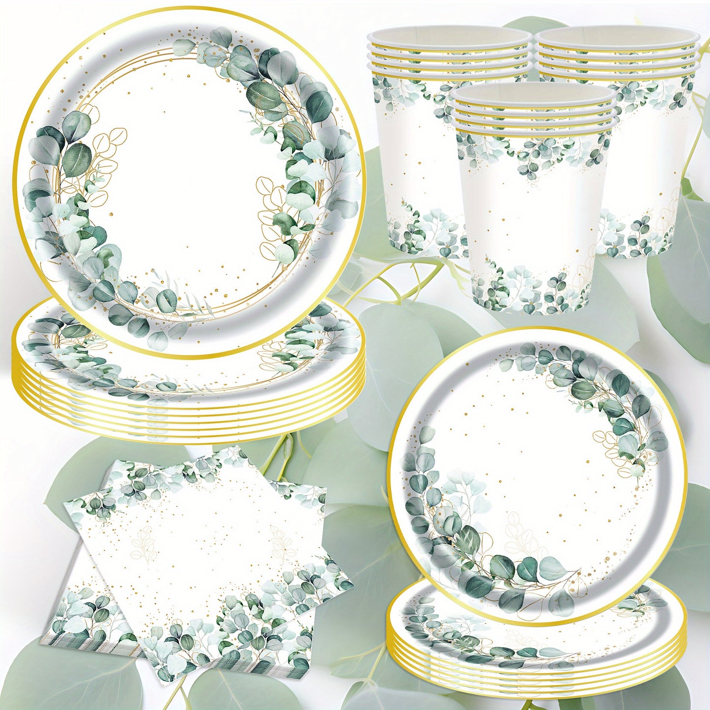 96pcs Eucalyptus Leaf Party Tableware Set for 24 Guests, Ideal for Weddings & Bridal Showers