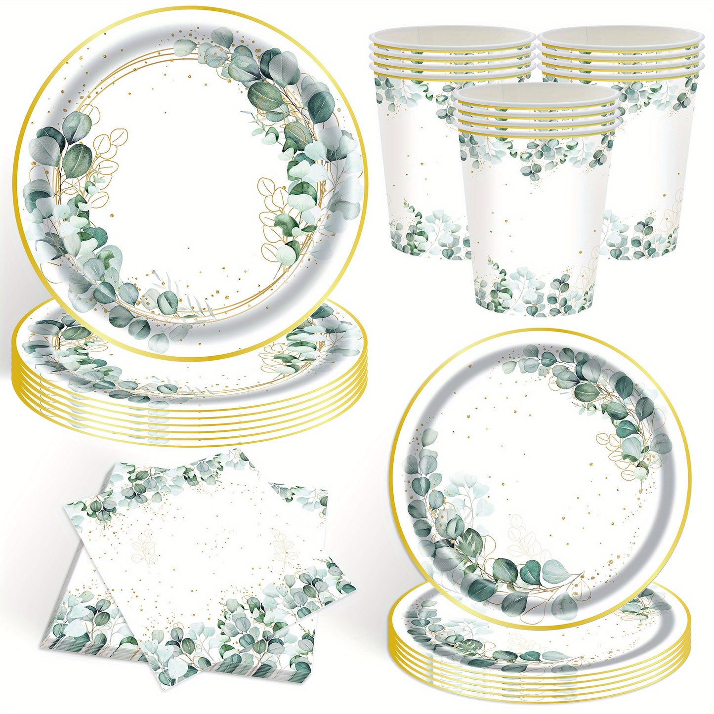 96pcs Eucalyptus Leaf Party Tableware Set for 24 Guests, Ideal for Weddings & Bridal Showers