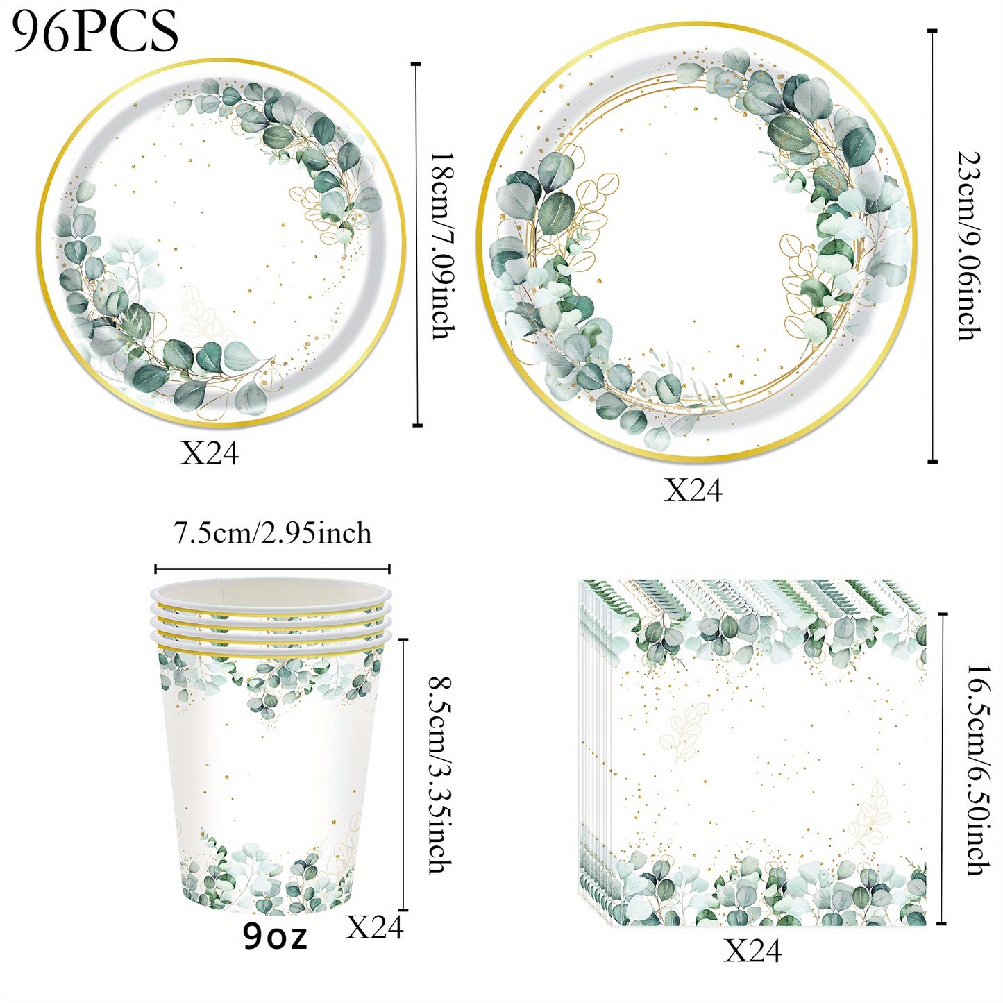 96pcs Eucalyptus Leaf Party Tableware Set for 24 Guests, Ideal for Weddings & Bridal Showers