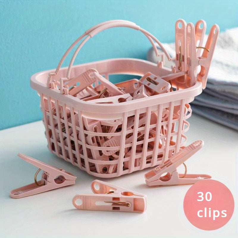 Convenient 30-Pack of Assorted Plastic Laundry Clips with Basket, Windproof and Durable, Ideal for Hanging and Drying Clothes & Other Household Items, Space-Saving Clothespins, Perfect for Home Kitchen Storage and Organization