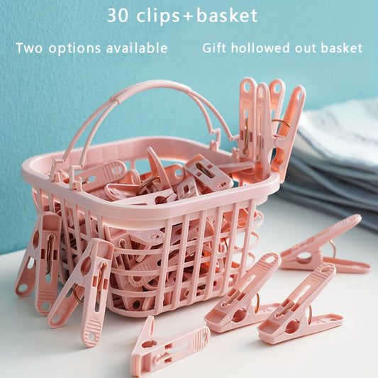 Convenient 30-Pack of Assorted Plastic Laundry Clips with Basket, Windproof and Durable, Ideal for Hanging and Drying Clothes & Other Household Items, Space-Saving Clothespins, Perfect for Home Kitchen Storage and Organization