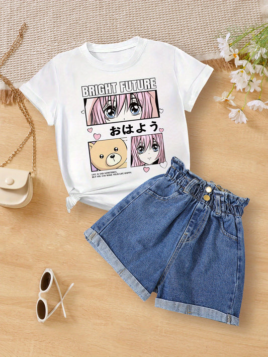 BRIGHT FUTURE Anime Girl Graphic Print Tee - Casual and trendy for girls, perfect for spring and summer street wear