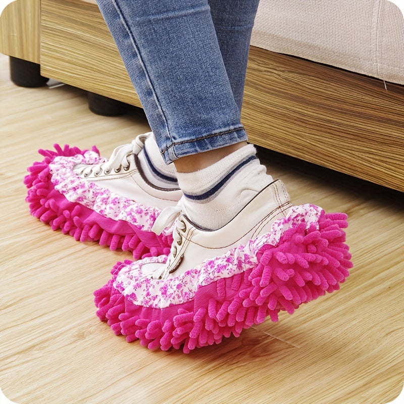 Pink Floral Chenille Mop Slippers - Set of 2 - Reusable, Washable, and Detachable - Easy Floor Cleaning Shoe Covers for Living Room, Bedroom, Kitchen, Carpet, and Car - Cozy Slip-on Footwear for Home - Includes Detachable Slipper Covers - Perfect for