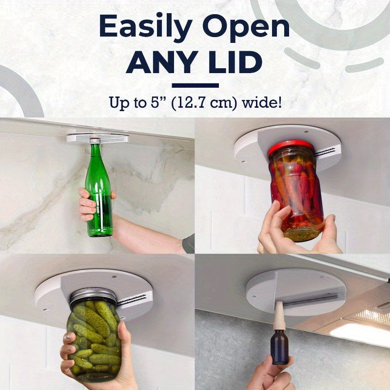 One-Piece EasyTwist Under Cabinet Jar Opener made of durable ABS material. This manual bottle lid remover allows for one-handed operation with no power required. A convenient kitchen tool for easy access to jars on the table.