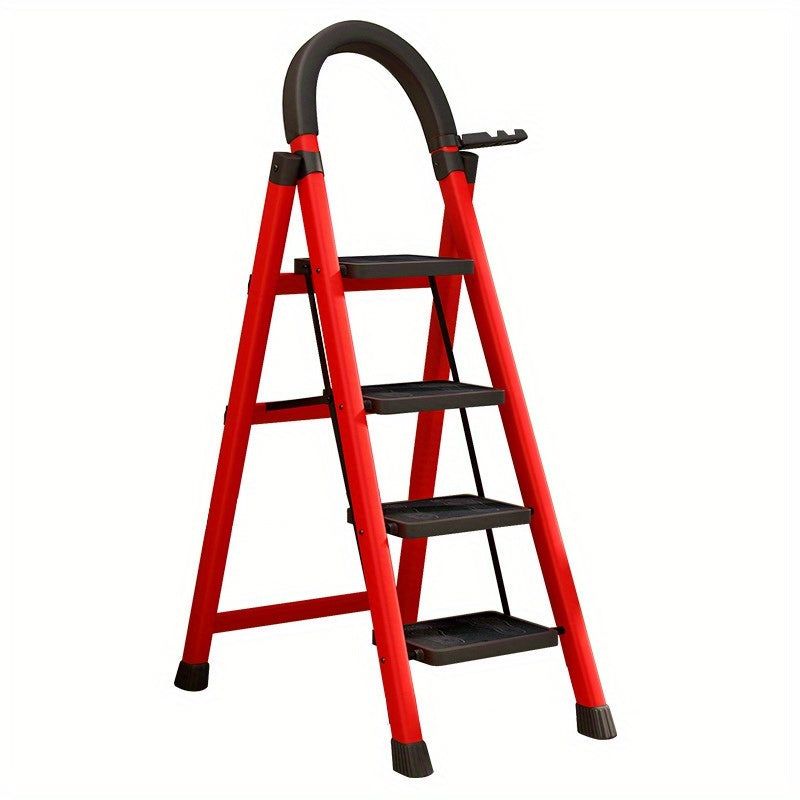 Folding step stool with 2-6 tiers, non-slip pedals, lightweight and waterproof. Ideal for kitchens, homes, libraries and offices. Made of durable steel in red with utility hooks.