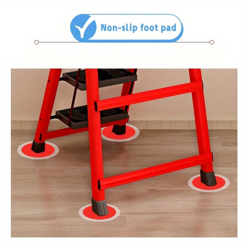 Folding step stool with 2-6 tiers, non-slip pedals, lightweight and waterproof. Ideal for kitchens, homes, libraries and offices. Made of durable steel in red with utility hooks.