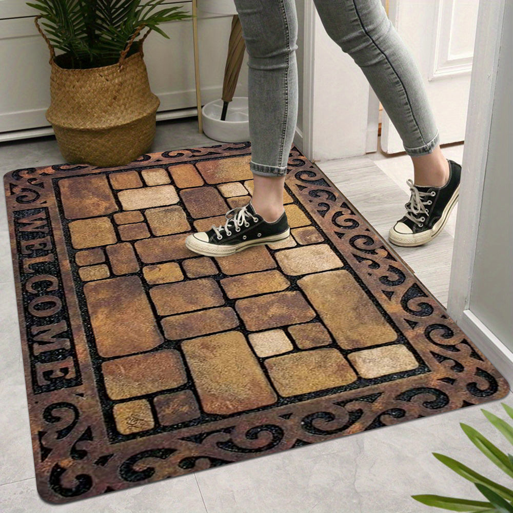 Rustic farmhouse welcome doormat, machine washable front door mat made of polyester. Perfect for outdoor entryways or indoor home decor. Adds a fun touch to any kitchen.