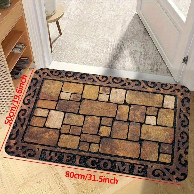 Thick sponge door mat with brick pattern design, machine washable and absorbent. Perfect for use in the living room, bedroom, kitchen, or outdoor spaces. Add a touch of decor to your home with this versatile bath rug.