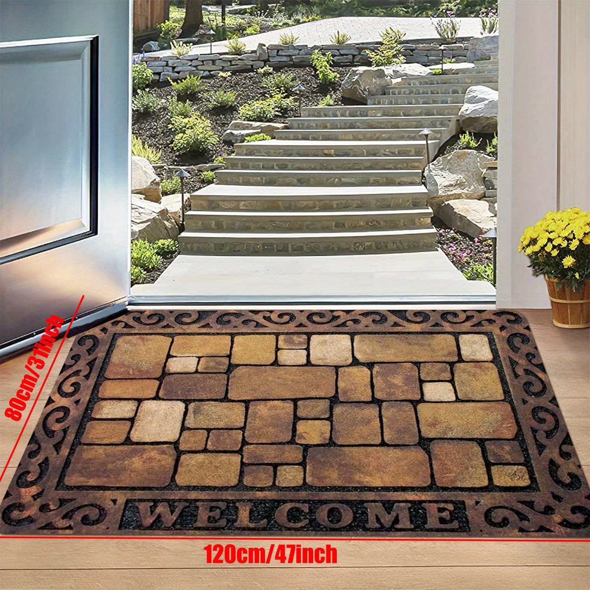 Thick sponge door mat with brick pattern design, machine washable and absorbent. Perfect for use in the living room, bedroom, kitchen, or outdoor spaces. Add a touch of decor to your home with this versatile bath rug.